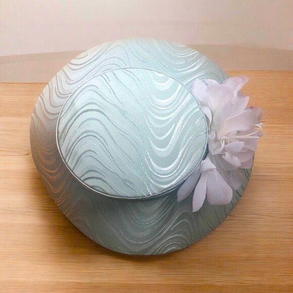 Vintage GIOVANNA Seafoam Green Brocade Wide Brim  White Floral Accent Dress Hat main image 4